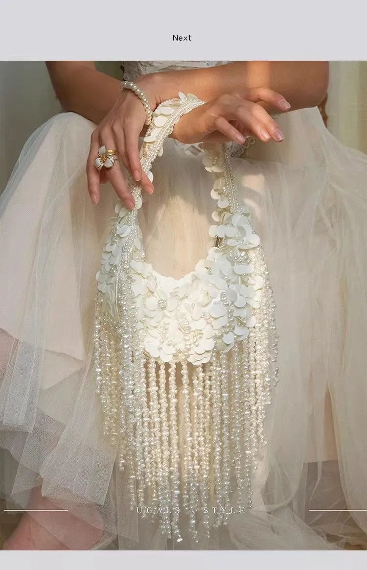 Fashion Sequins Handmade Hobo Bag Beads Beading Tassel Women Handbag Luxury Exquisite Banquet Bag Wedding Party Clutch Purse