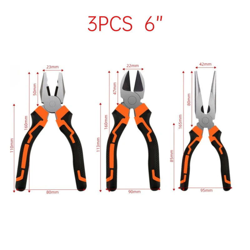 3 Piece 8''/6” Universal Diagonal Pliers Needle Nose Pliers Set Wire Cutters Electrician Hardware Hand Tool for Home Workshop