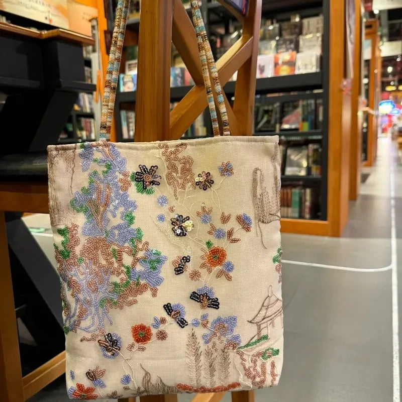 2026 New Chinese Style Embroidery Canvas Tote Bag Large Capacity Single Shoulder Commuter Handbag Shopping Bag for Women