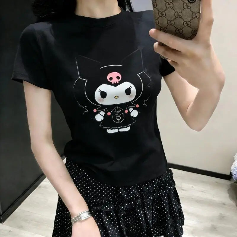 Short-Sleeved T-Shirt Kuromi Women's 2026 New Summer Sanrio Printed Senior Age-Reducing Tops Cotton White Cartoon Print Cute