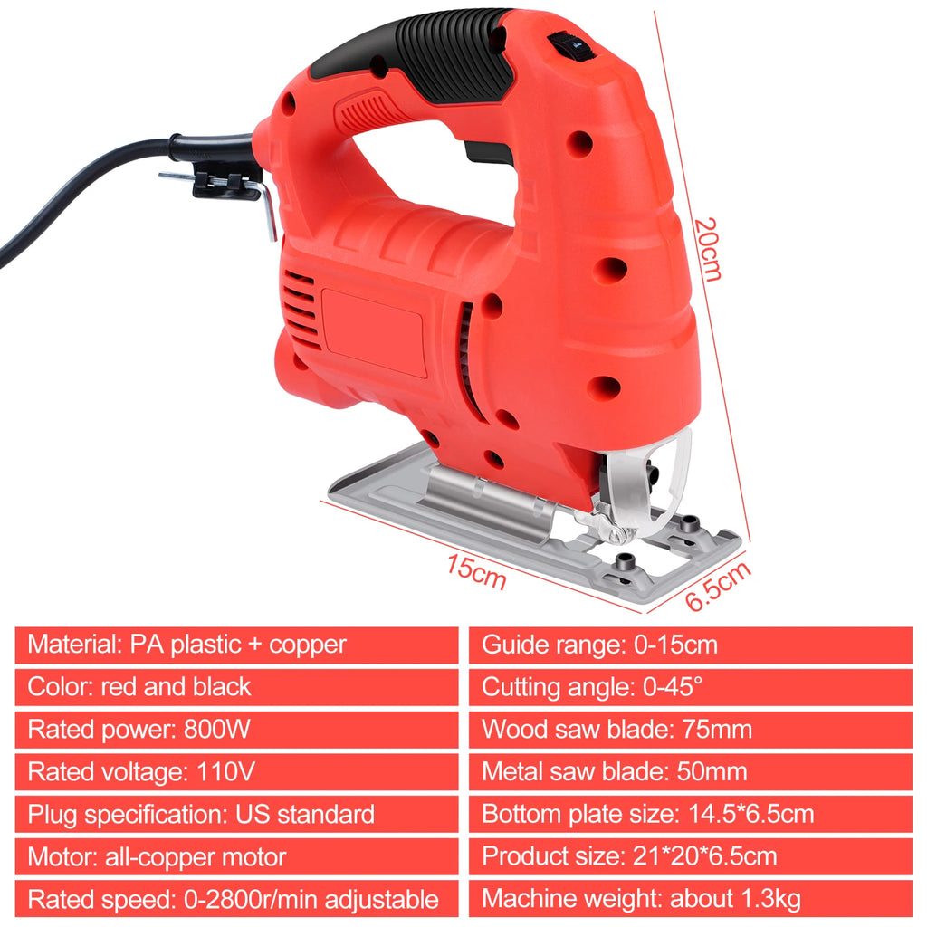 800W Jig Saw 6 Speed Adjustable Multifunctional Electric Jigsaw Woodworking Power Tool Enlarge the bottom plate US 110V