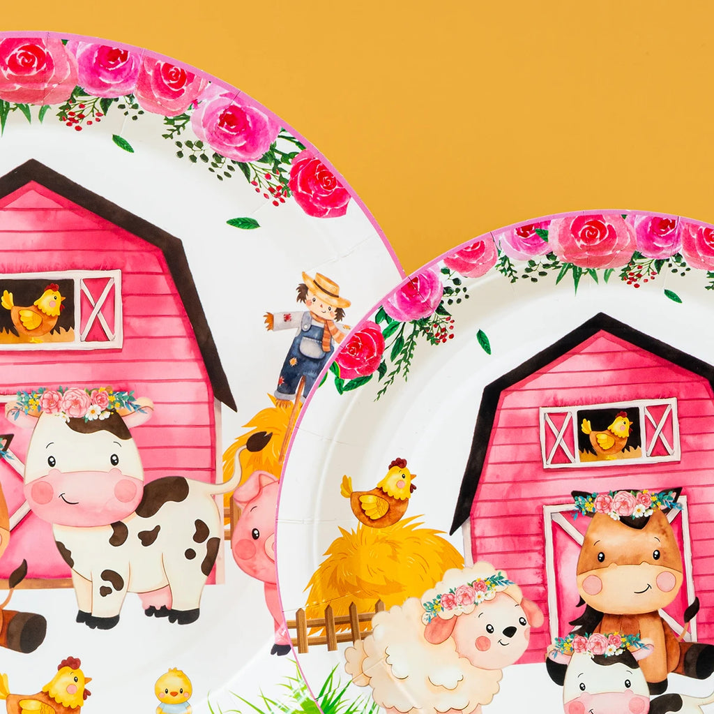 Floral Farm Animal Disposable Paper Plates 7/9 Inch Round Dessert Plates for Girls Birthday Baby Shower Decor
