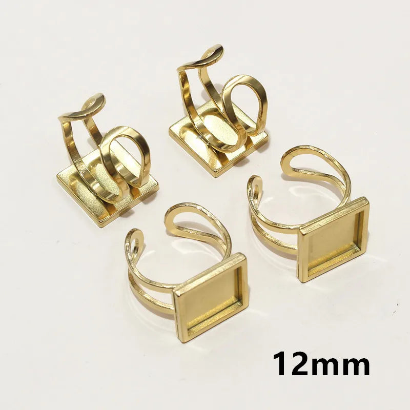5pcs Stainless Steel Square Rectangle Thick Adjustable Ring Blank Base Settings ,Fit 12/20/25mm Cabochons DIY Rings Bezel Tray