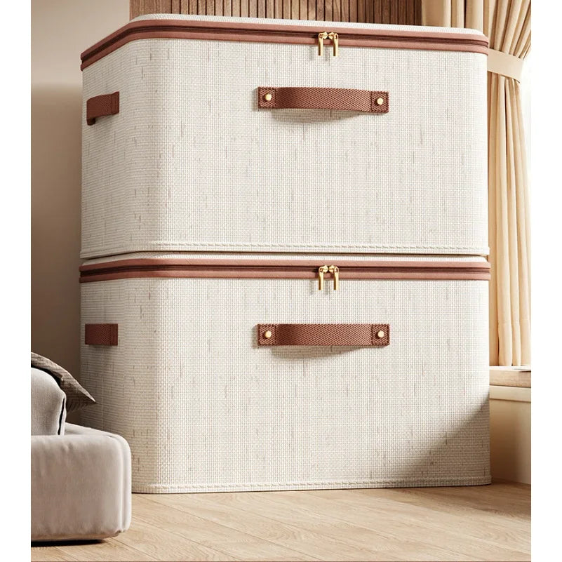 Large Household Storage Box Heavy-duty Hard Shell Cotton Linen Zipper Storage Organizer Box with Lid for Clothes Toys Blankets