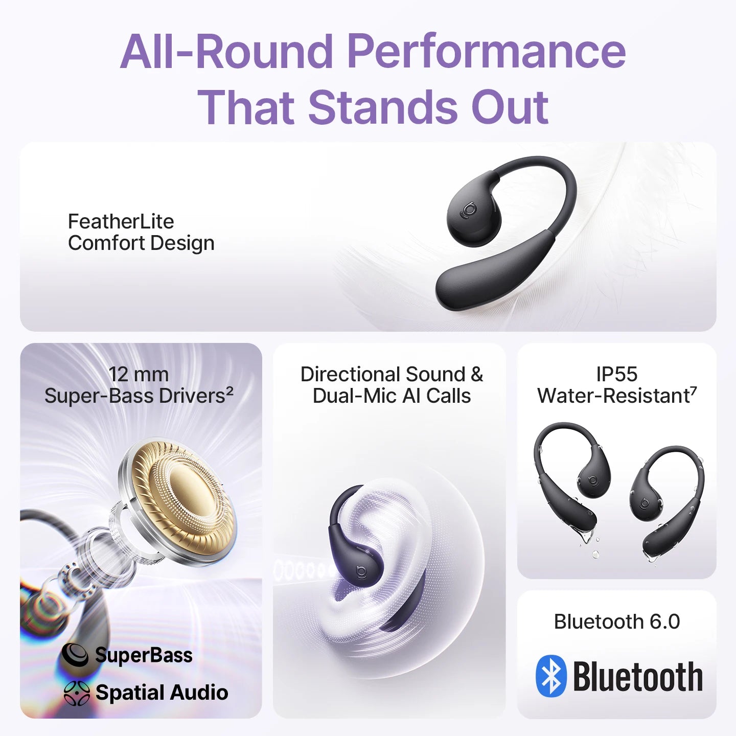 Baseus BF1 Lite Open-Ear Sport Wireless Earphones Bluetooth 5.4 EarHooks Big Bass Sport Earbuds 60Hrs Playtime