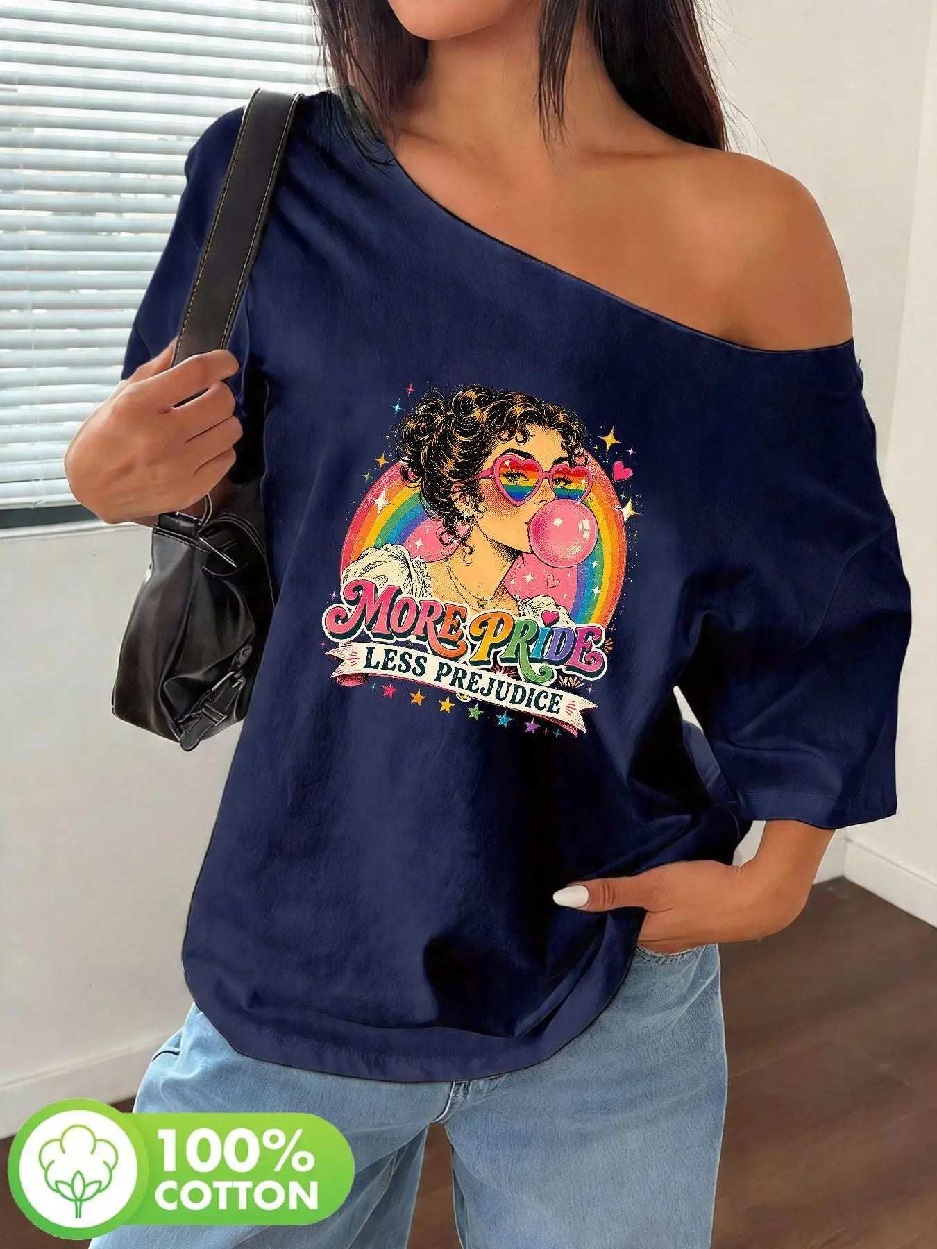 Plus Size Women's Retro Rainbow Pride Heart Sunglasses Graphic Tee 100% Cotton Shoulder Loose Print T-Shirt Oversized Y2K Sty