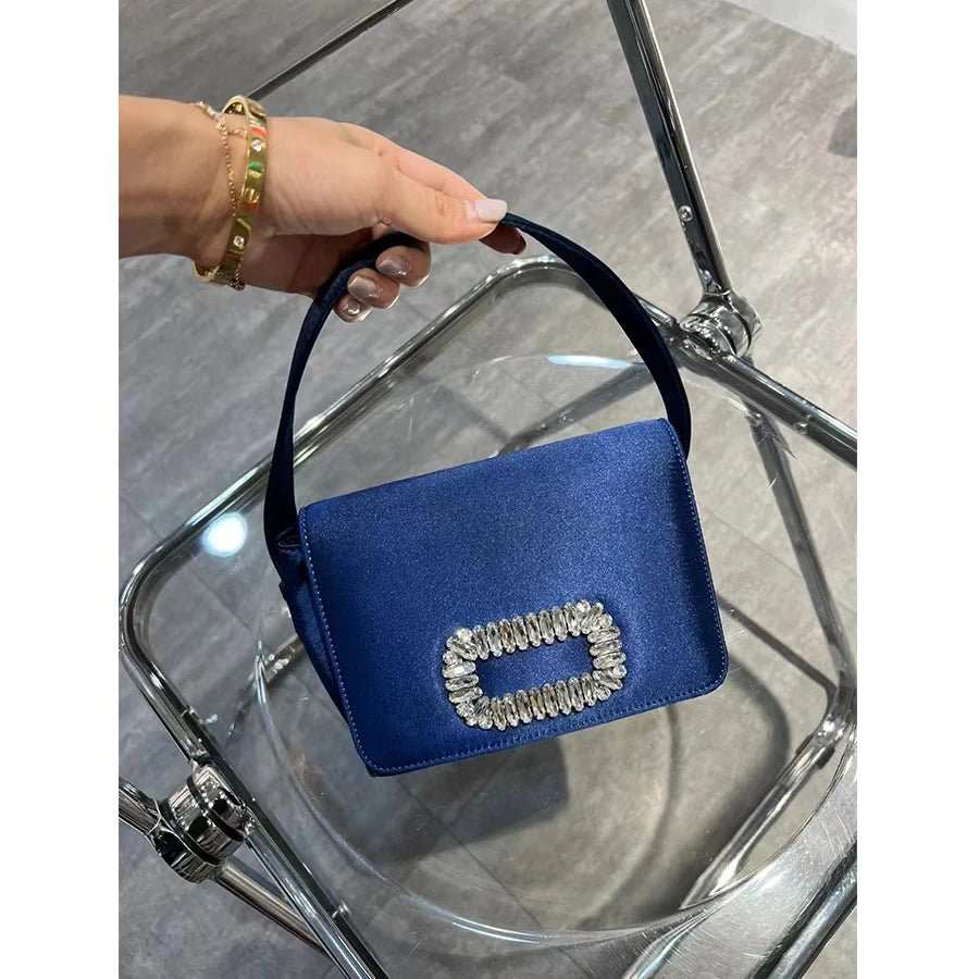 Luxury Diamond Square Button Women's Evening Bag Party Clutch Purses Satin Rhinestone Small Square Bag Chains Shoulder Bag Bolsa