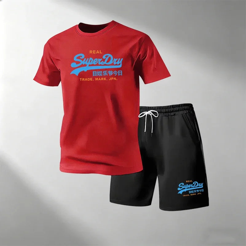 Summer Street Fitness Men's T-Shirts Sets Short Sleeve T-Shirt + Shorts Quick Dry Breathable Round Neck Running Suit Hot Sale