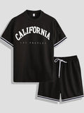 American-Style Campus Retro Style Men's Two-Piece Set, Letter-Printed T-Shirt and Shorts, Khaki Casual Loose-Fit Men's Summer Casual Sports Outfit
