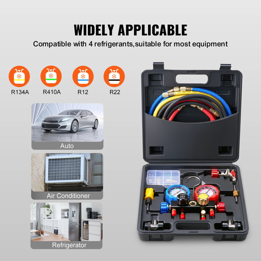 SucceBuy 4 Way AC Gauge-AC Manifold Gauge Set 5ft Hoses for R134A/R22/R12/R410A Work on Car Auto Freon Charging and Evacuation
