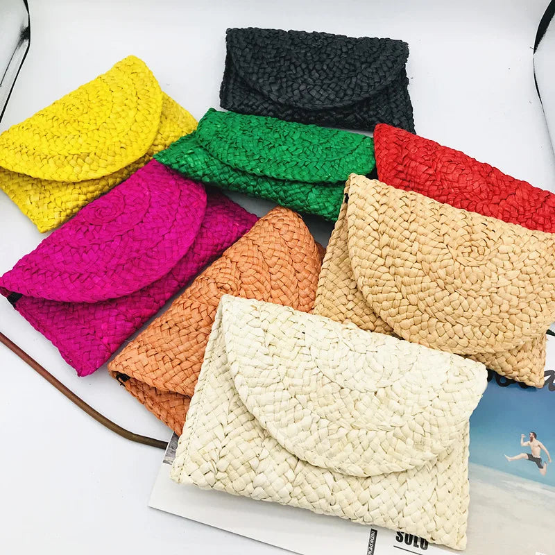 Fashion Corn Husk Handmade Women's Straw Bag Summer New Envelope Wallet Multi-color Beach Holiday Woven Bag Female Coin Purses