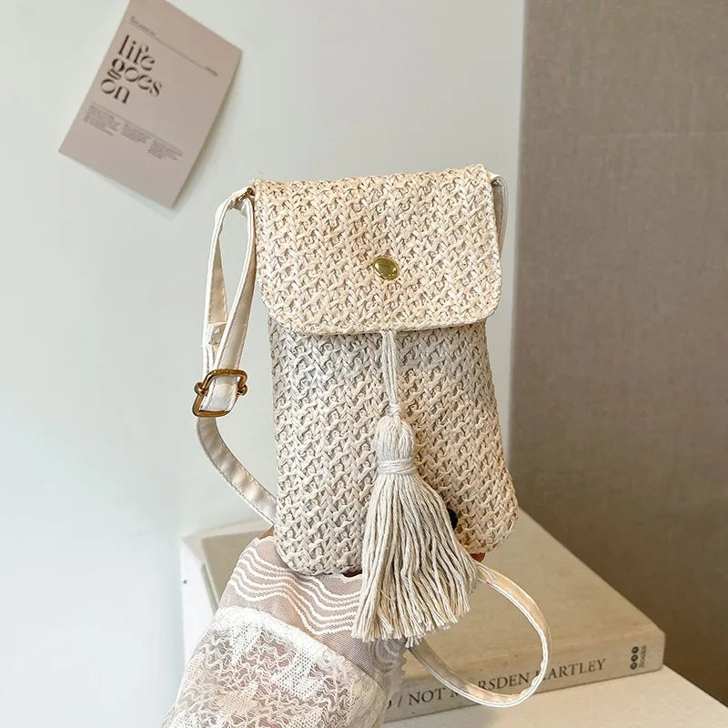 Summer New Straw Woven Phone Bag, Versatile Tassel Single-shoulder Small Bag, Crossbody Bag, Fashionable