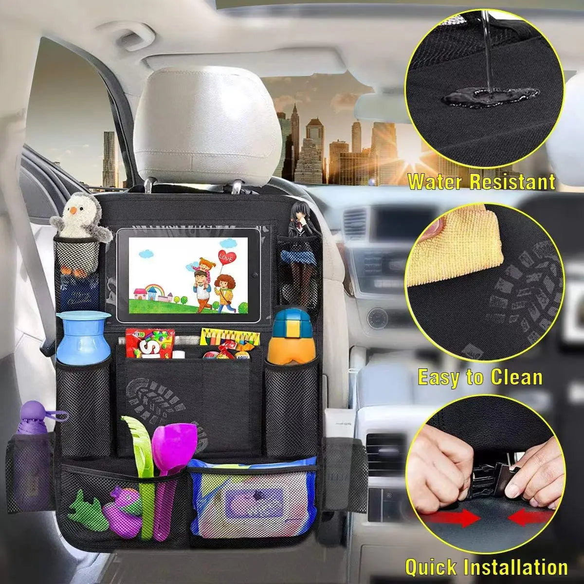 Car Rear Seat Organizer Storage Bag with Touch Screen Tablet Stand, Anti Kick Pad, Rear Seat Protector, Storage Bag