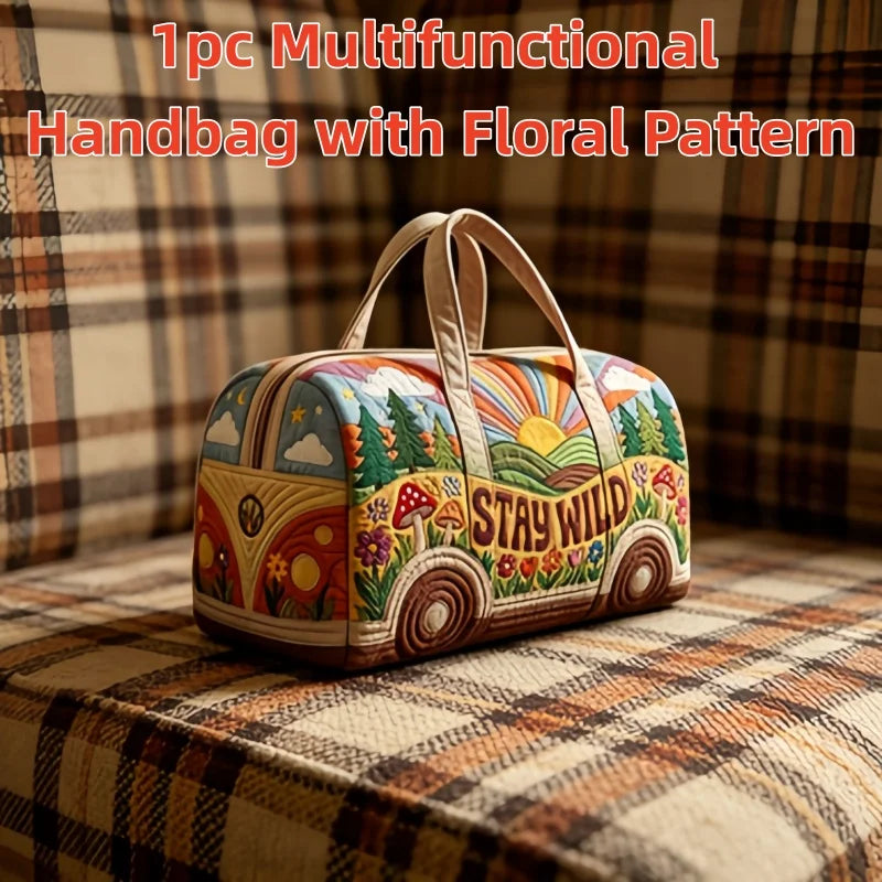 1pc Hippie Boho Quilted Duffle Bag, Vintage "STAY WILD" Van Travel Bag, Large Capacity Weekender Bag for Women Travel Gym