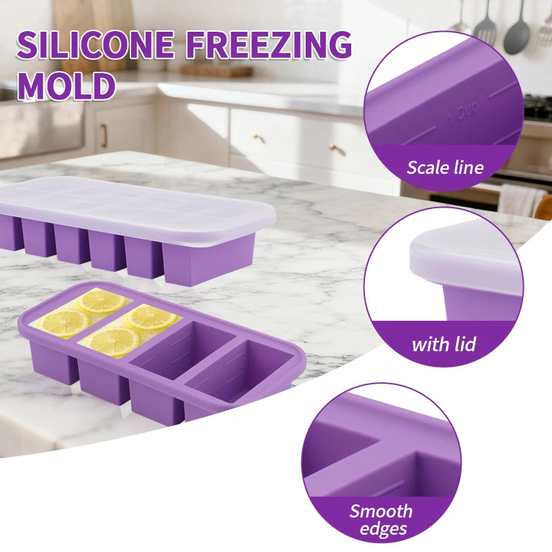 Silicone Freezing Mold Food Container with Lid Ice Cube Mold Storage Box Divided ice box for Soups Drinks Herbs juices