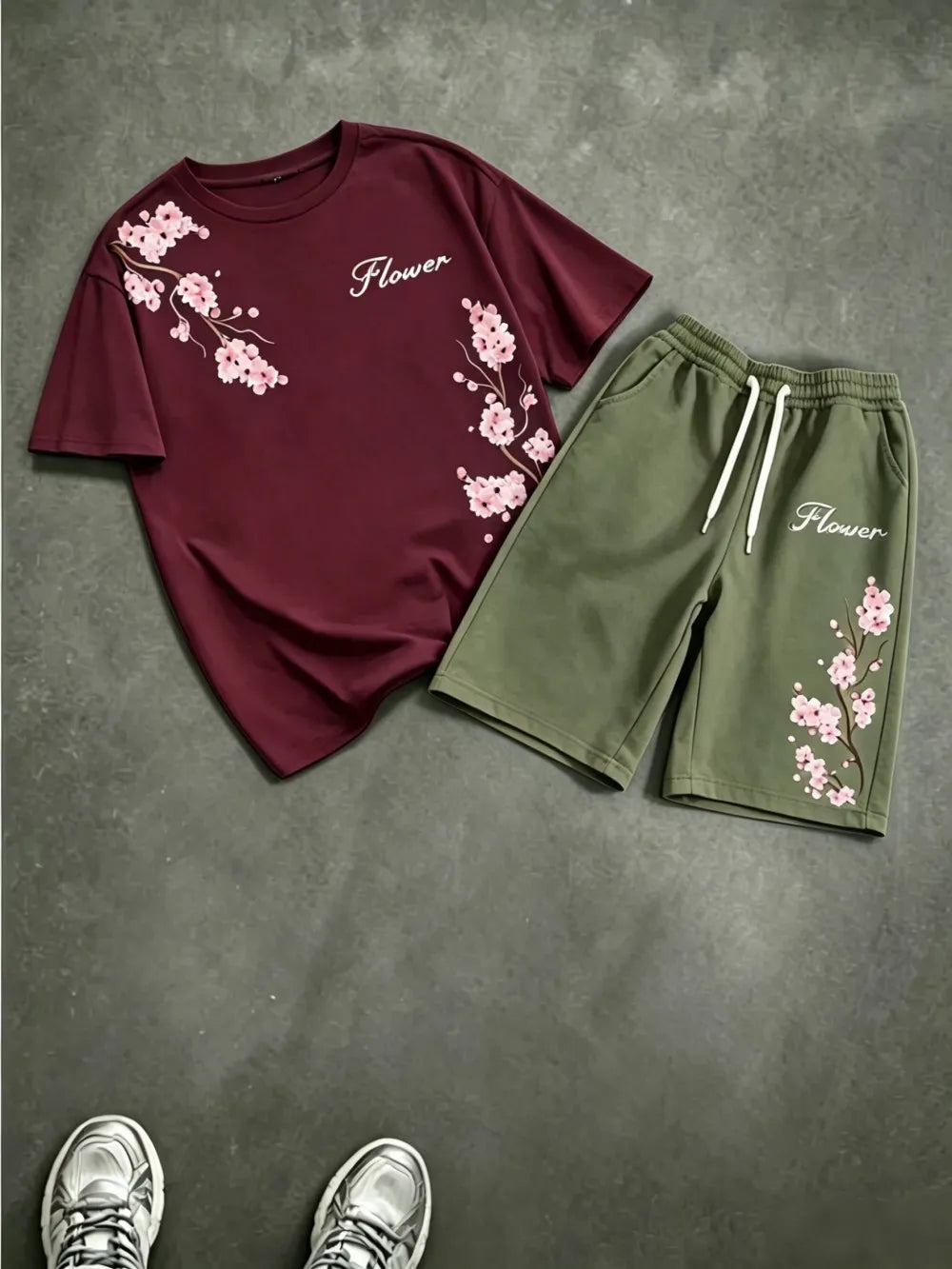 American men's summer cherry blossom print comfortable breathable round neck T-shirt drawstring shorts set outdoor casual wear