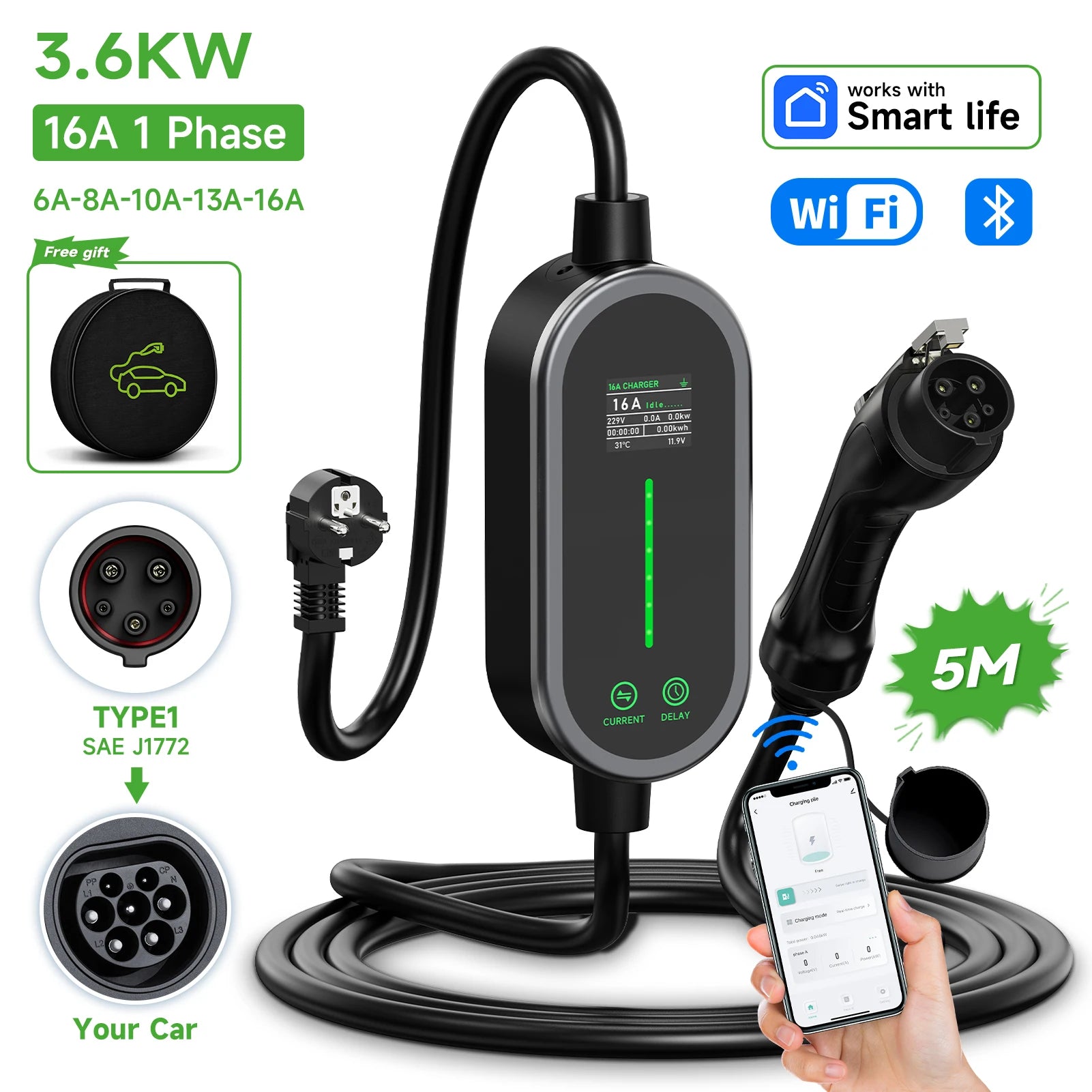 AFYEEV 3600W Portable Type2 IEC62196-2 EV Charger Type1 SAE J1772 Electric Car Charger GBT EVSE Charging Cable Wallbox EU Plug