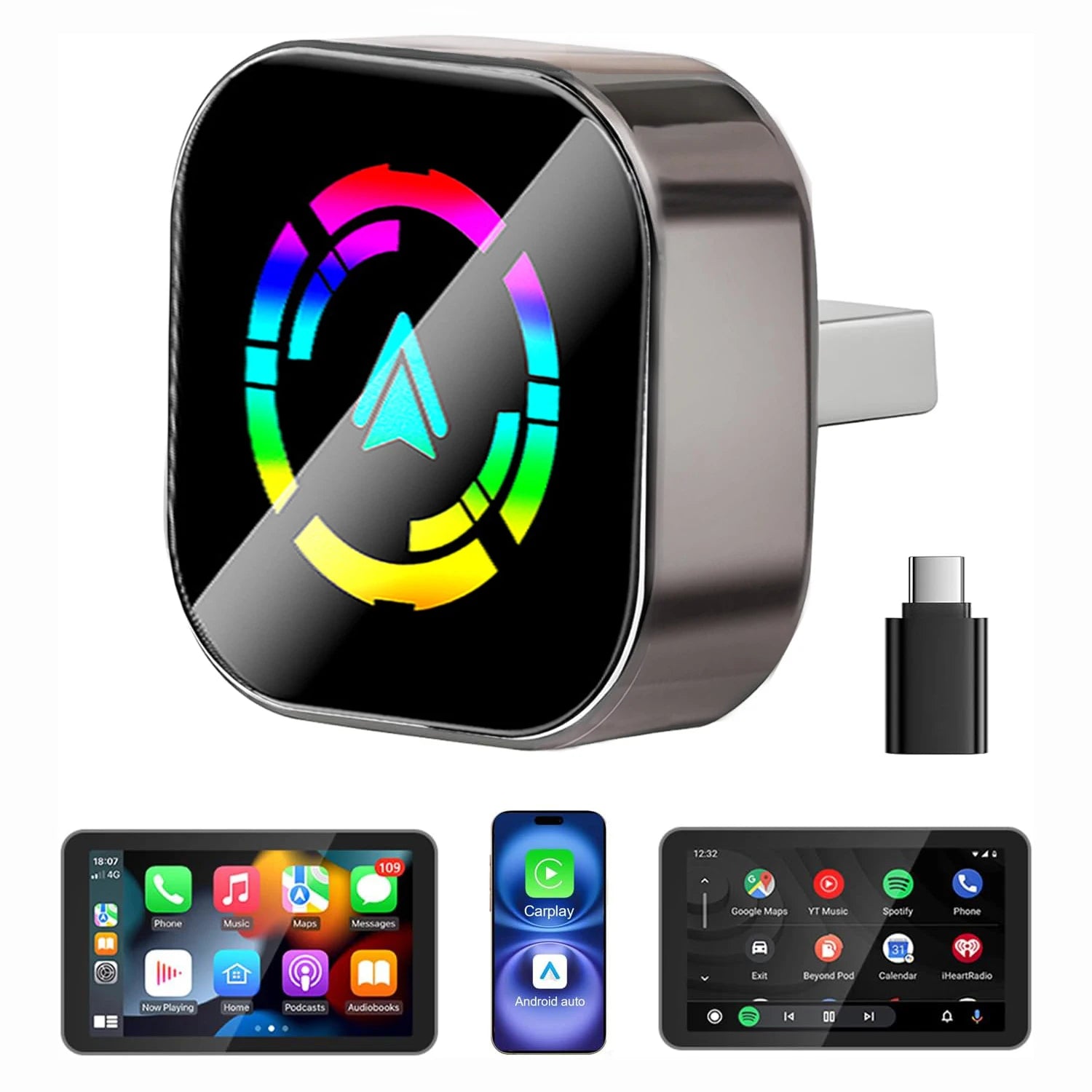 2 in 1 wireless carplay adapter for iOS 10+ & Android Auto, Plug and Play,Fast Auto-Connect,5GHz WiFi, Bluetooth 5.3