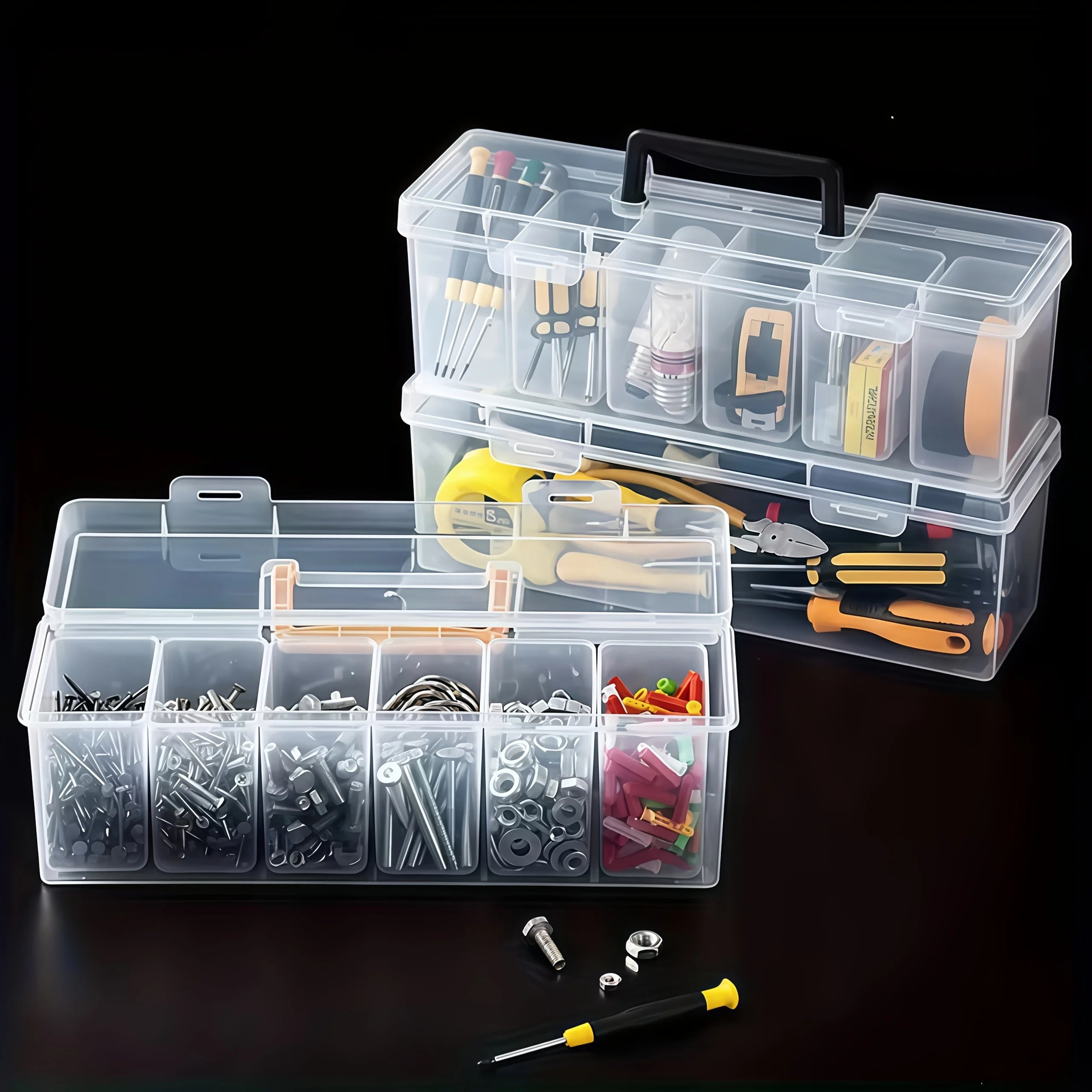 Professional 7-Piece Tool Organizer Set,Transparent Parts Storage with Dividers-Portable Case for Screws,Wrenches & DIY Hardware