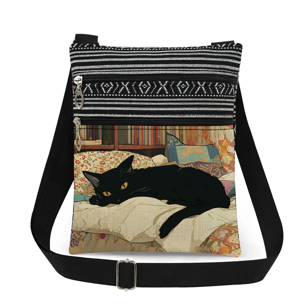 Cute Cartoon Black Cat Print Crossbody Bags Shoulder Bags For Women Daily Travel Portable Small Messenger Bags Catkeeper Gift
