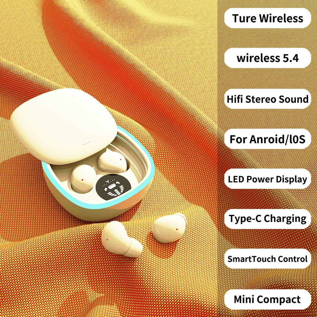 Bluetooth Wireless Earbuds, Noise Cancelling, LED Display, Ultra-Thin Mini Design for Sleeping, Long Battery Life