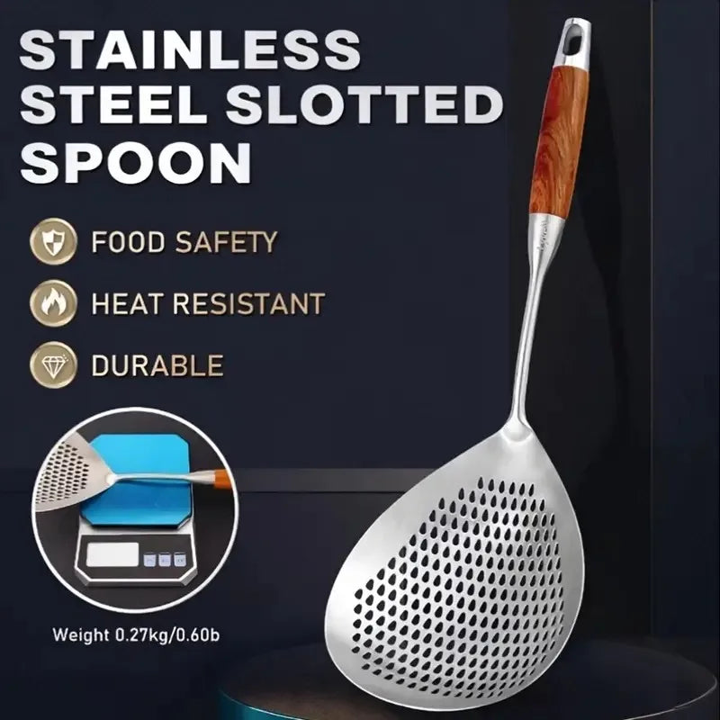 40.5cm Slotted Spoon, Large Skimmer with 0.3" Holes & Hang Hole, Stainless Steel and Wood for Kitchen, 1PC Cooking Utensil