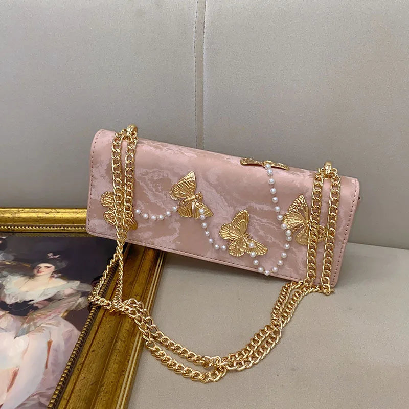 High Quality Textured PU Square Bag Metal Butterfly Pearl Beading Lady Purse Women's Handbag Fashion Shoulder Messenger Bag