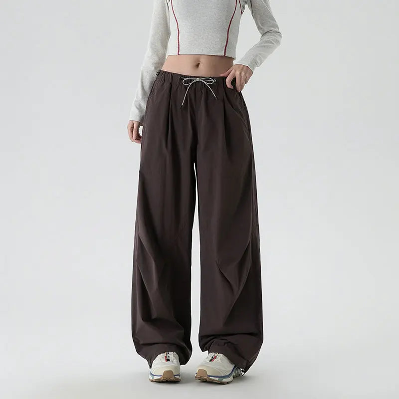 Women's Spring Autumn Loose Hiking Pants American Lazy Casual Parachute Embroidery Sweatpants Women Camping Pleated Overalls
