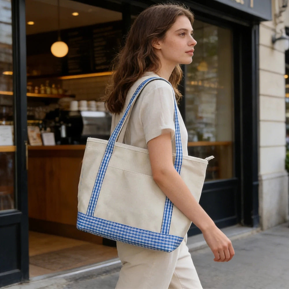 Gingham Canvas Tote Bag For Women Summer Beach Bag With Zipper Closure Roomy Interior Pink/Blue Large Capacity Shopping Bag