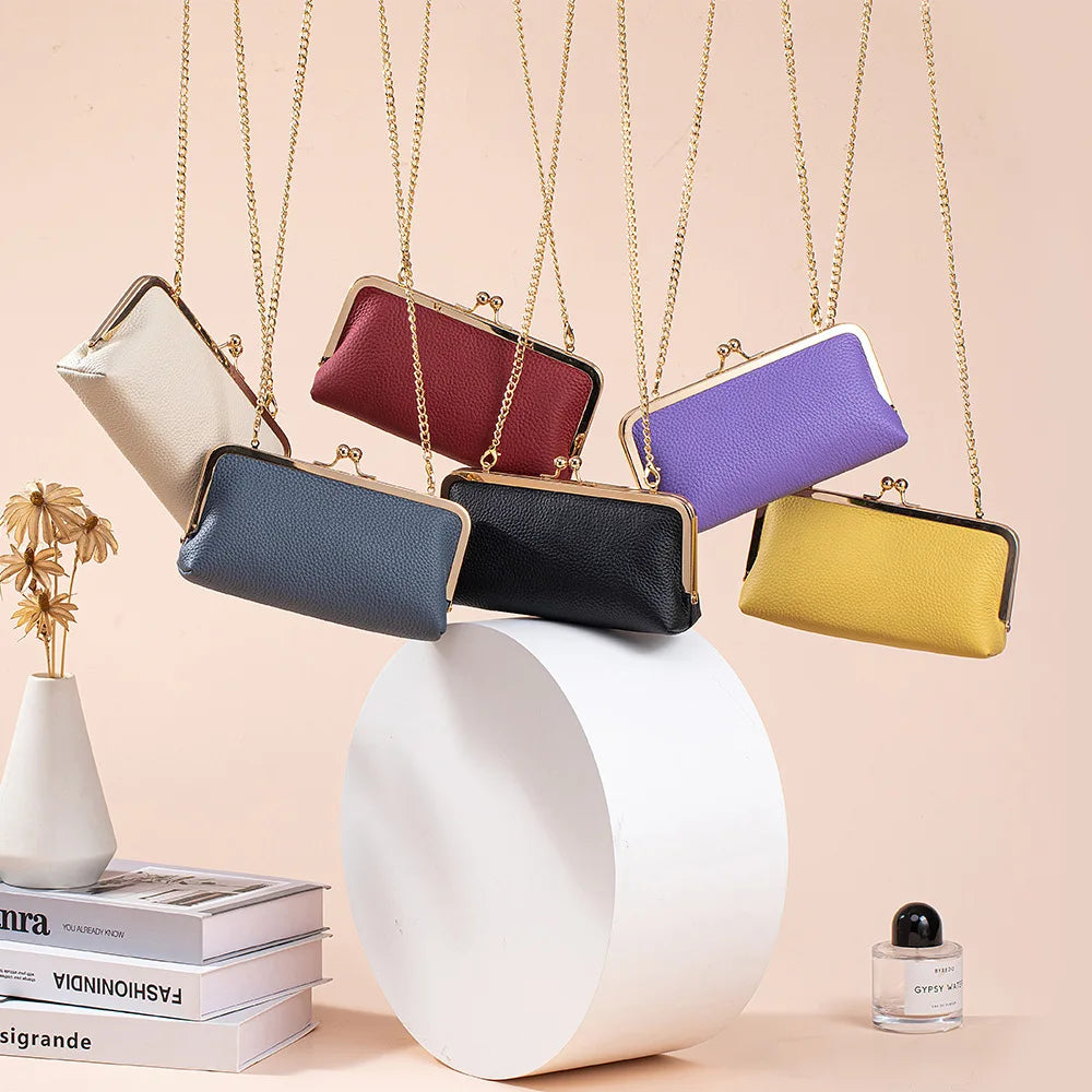 Women's Kiss Lock Clutch Bag, Top Grain Genuine Leather Wallet Large Capacity Travel Clutches with Detachable Chain Strap