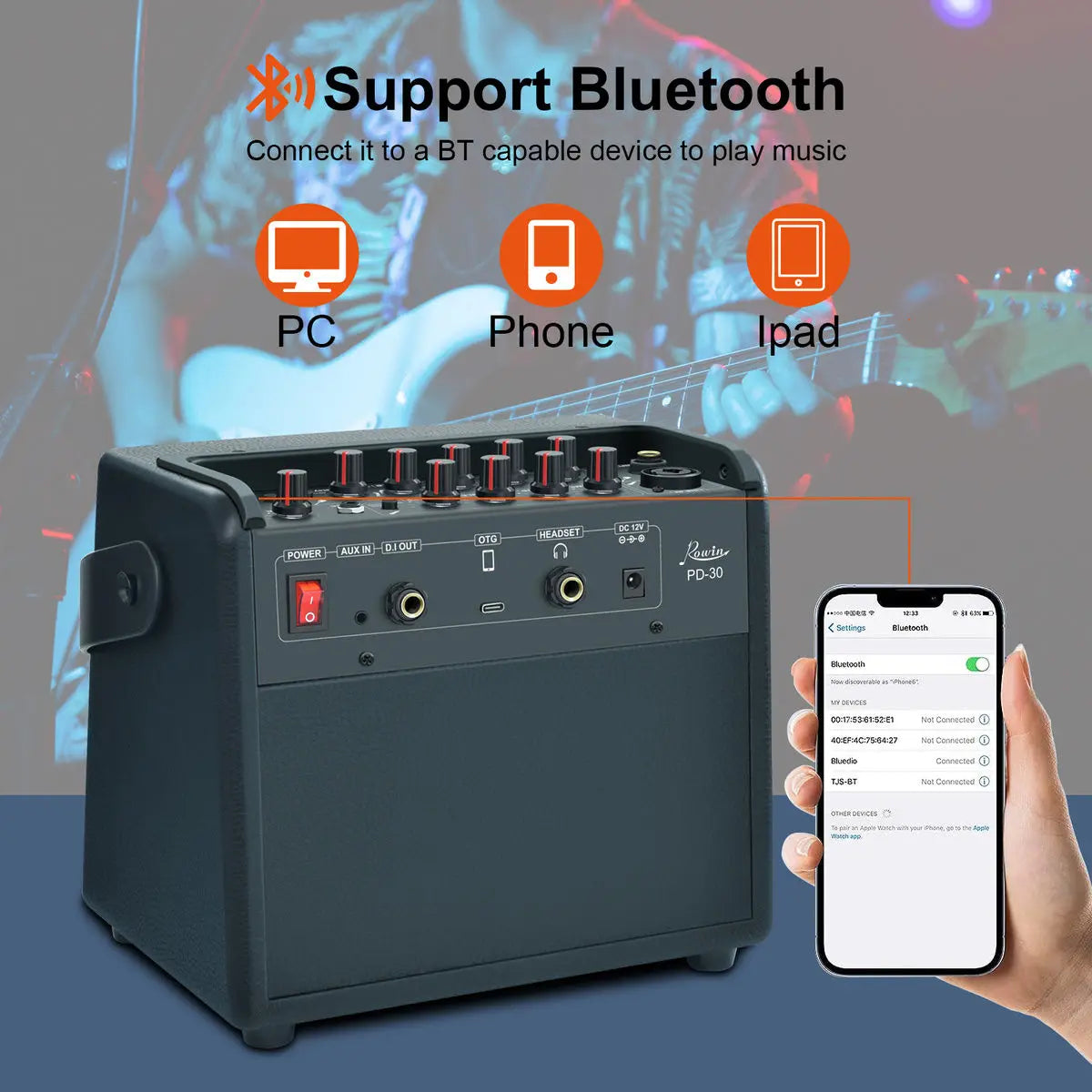 Rowin 15W PE-10S 30W PD-30 Bass Guitar Amplifier Multi-Function OTG BT Battery Buildin Combo Amp Reverb Chorus Multi effect