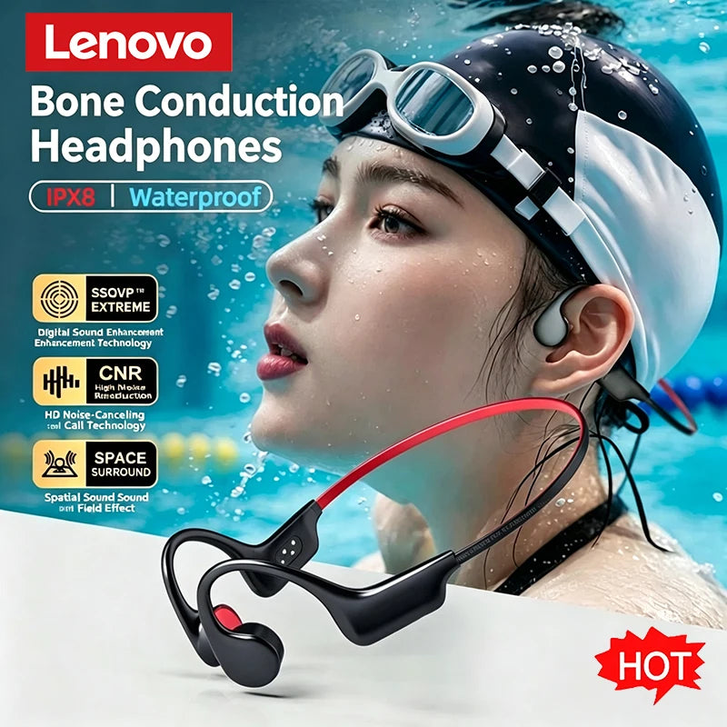 Lenovo Bone Conduction Headset Wireless Swimming Sports Headphone IPX8 Bluetooth 5.4 With Mic Waterproof Exercise Fitness New