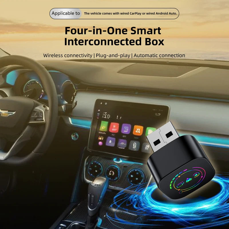Latest popular 4-in-1 mini wireless CarPlay adapter, supports screen mirroring and video, supports Apple CarPlay and Android Auto, Bluetooth 5.0 technology, wired to wireless conversion, plug and play, compatible with USB and