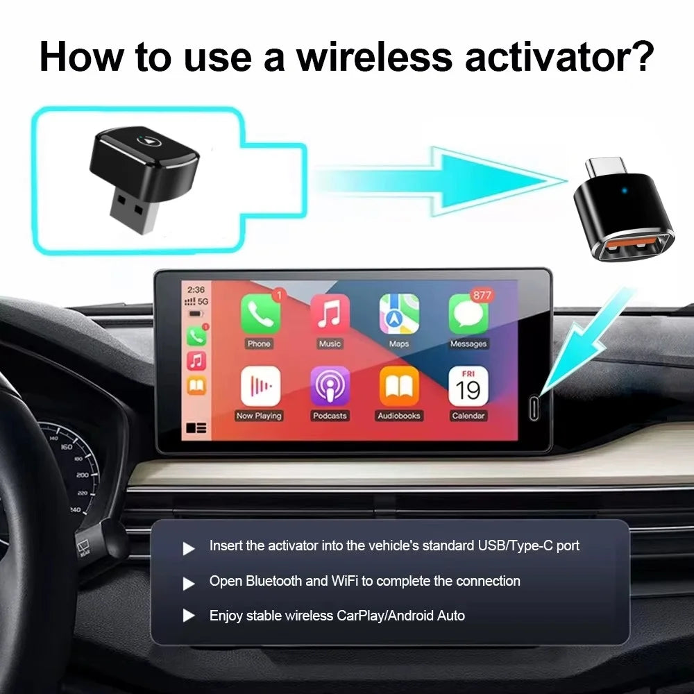 2-in-1 Wireless CarPlay and Android Auto Adapter - Plug-and-play, fast auto-connect, USB/USB-C ports, essential car accessory