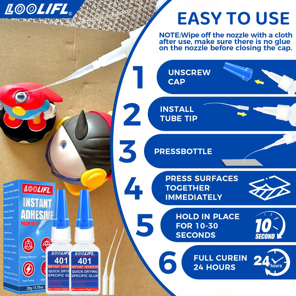 LOOLIFL - Super Plastic Glue, 10 Seconds Bonding, Waterproof, Used for Toy Repair, 3D Printing, Shoe Repair, DIY, Etc.