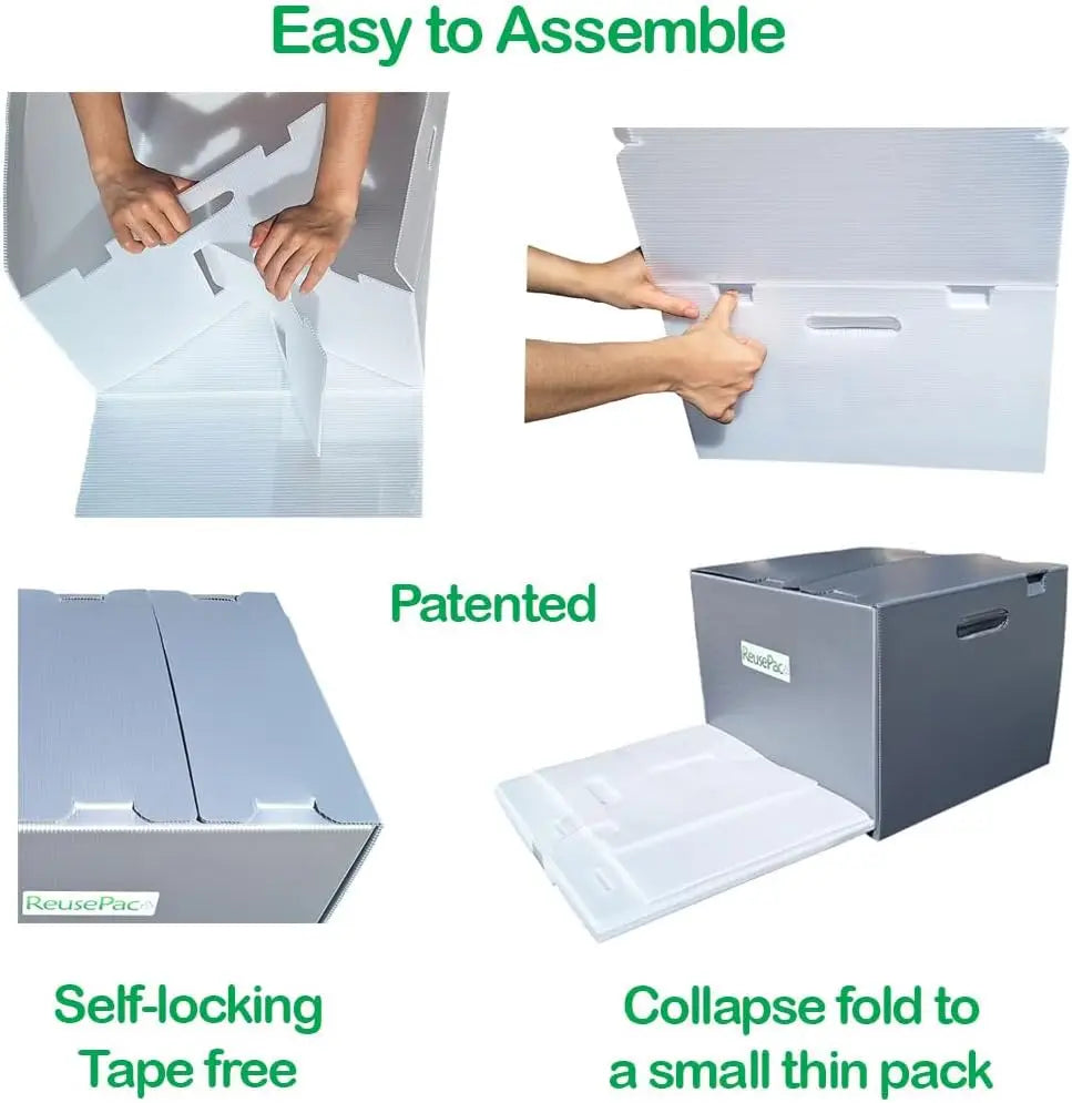 Reusable Foldable Box Corrugated PP Lightweight, Storage Moving Mailing, Heavy Duty Stackable, Tape Free Self-Locking Lid for Business Home (Gray, 18x14x12 in)