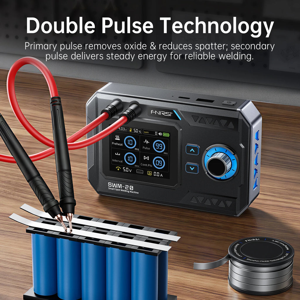 FNIRSI SWM-20 Handheld Power Tool 1200A Double Pulse Output for 0.1-0.4mm Metal Strip DIY Pack 5000mAh Battery USB-C Charging