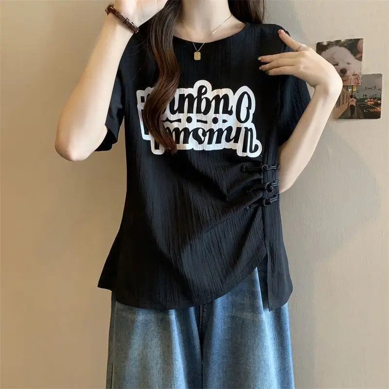 Summer large-size women's clothing is popular, waist and thin irregular buckle design printed short-sleeved T-shirt