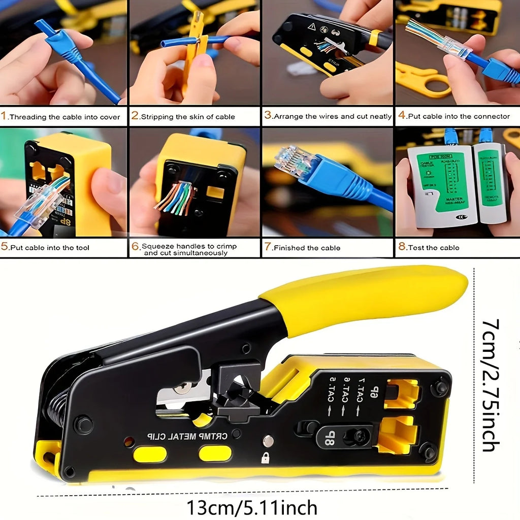 Ratcheting Modular Data Cable Crimper / Wire Stripper / Wire Cutter for RJ11/RJ12 Standard, RJ45 Pass-Thru Connectors