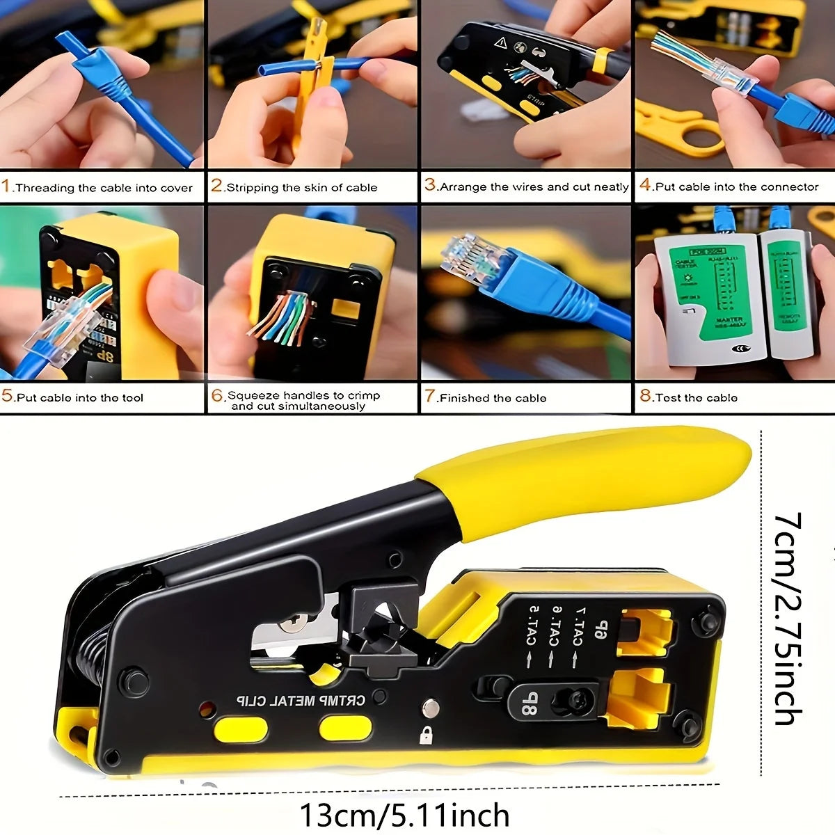 Ratcheting Modular Data Cable Crimper / Wire Stripper / Wire Cutter for RJ11/RJ12 Standard, RJ45 Pass-Thru Connectors