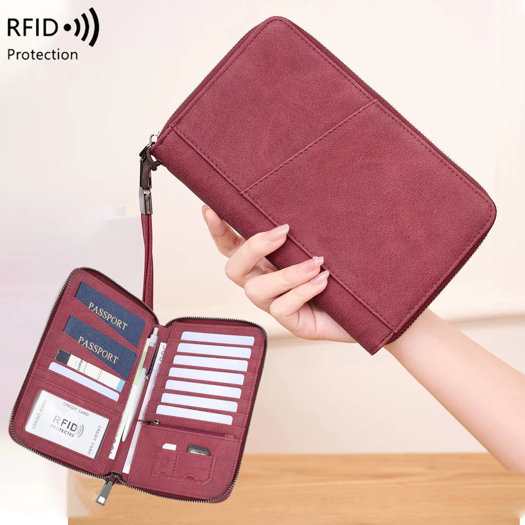 Multi-Functional RFID Blocking Passport Bag Travel Document Holder with Long Zipper Ticket Storage Wallet for Multiple Passports