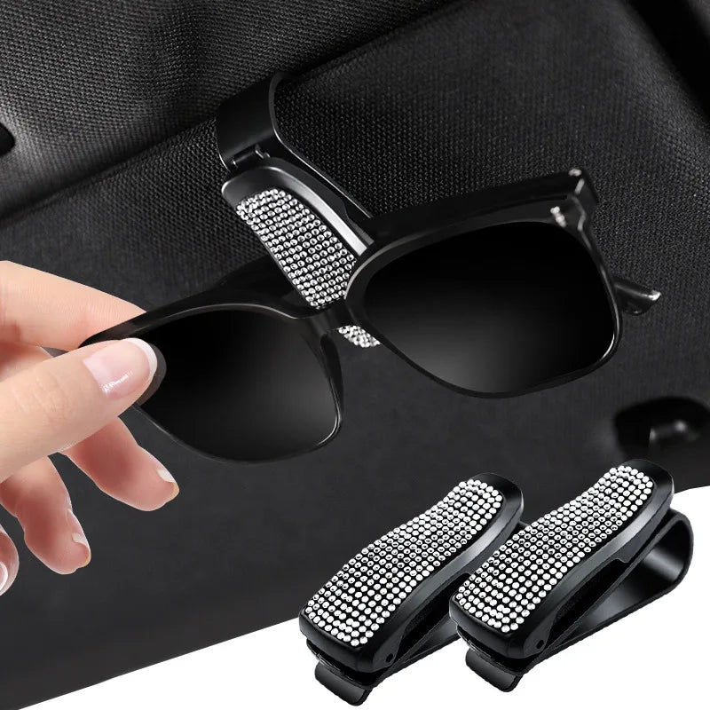 Universal Bling Car Glasses Holder for Car Sun Visor Crystal Rhinestones Eyeglasses Hanger Mount with Ticket Card Clip