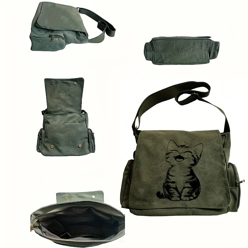 Large Capacity Women's Canvas Shoulder Bag Lovely Cat Printed Army Green Crossbody Bag For Women Laptop Bag