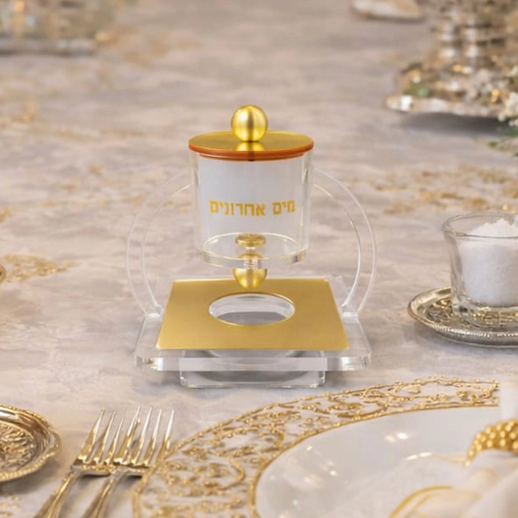 Judaica Acrylic Mayim Achronim Set with Gold Logo Holiday Gift Present Festival Desktop Jewish Lucite Mayim Achronim Set