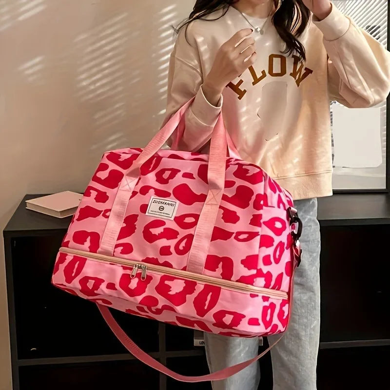 Large Capacity Nylon Travel Duffle Bag with Animal Print, Sports Gym Storage Bag, Portable Women'S Weekender Overnight Bag