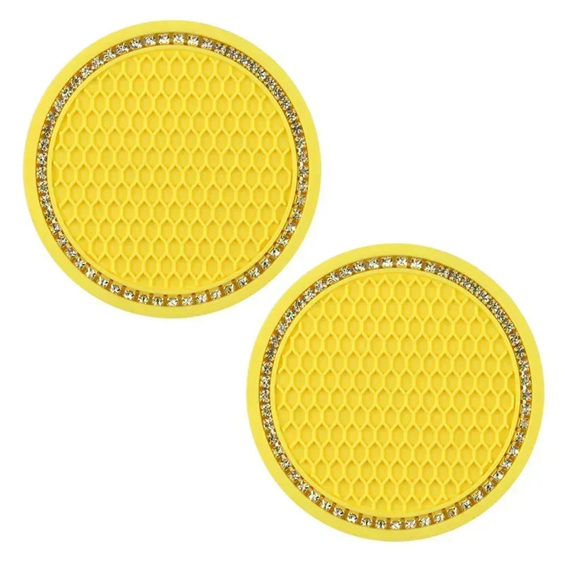 Car Coasters, Universal 2 Pcs Car Coasters for Women Bling Car Accessories, Silicone Anti Slip Crystal Car Cup Holde
