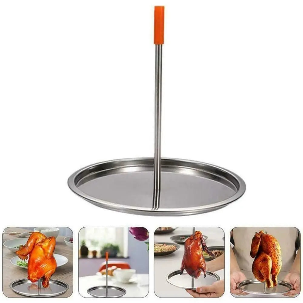 Stainless Steel Grilled Chicken Rack Vertical Skewer Barbecue Spike Poultry Hanger Meat Roast Removable Handle with Chassis
