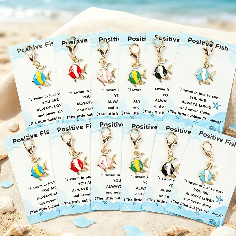 6 Pieces/12 Pieces Cartoon Fish Keychains, with Positive Fish-Themed Cards, Backpack and Key Charm Decorations, Perfect Birthday Gifts for Family and Friends, Universal Holiday Gifts, Fish Decoration Companion Gifts.