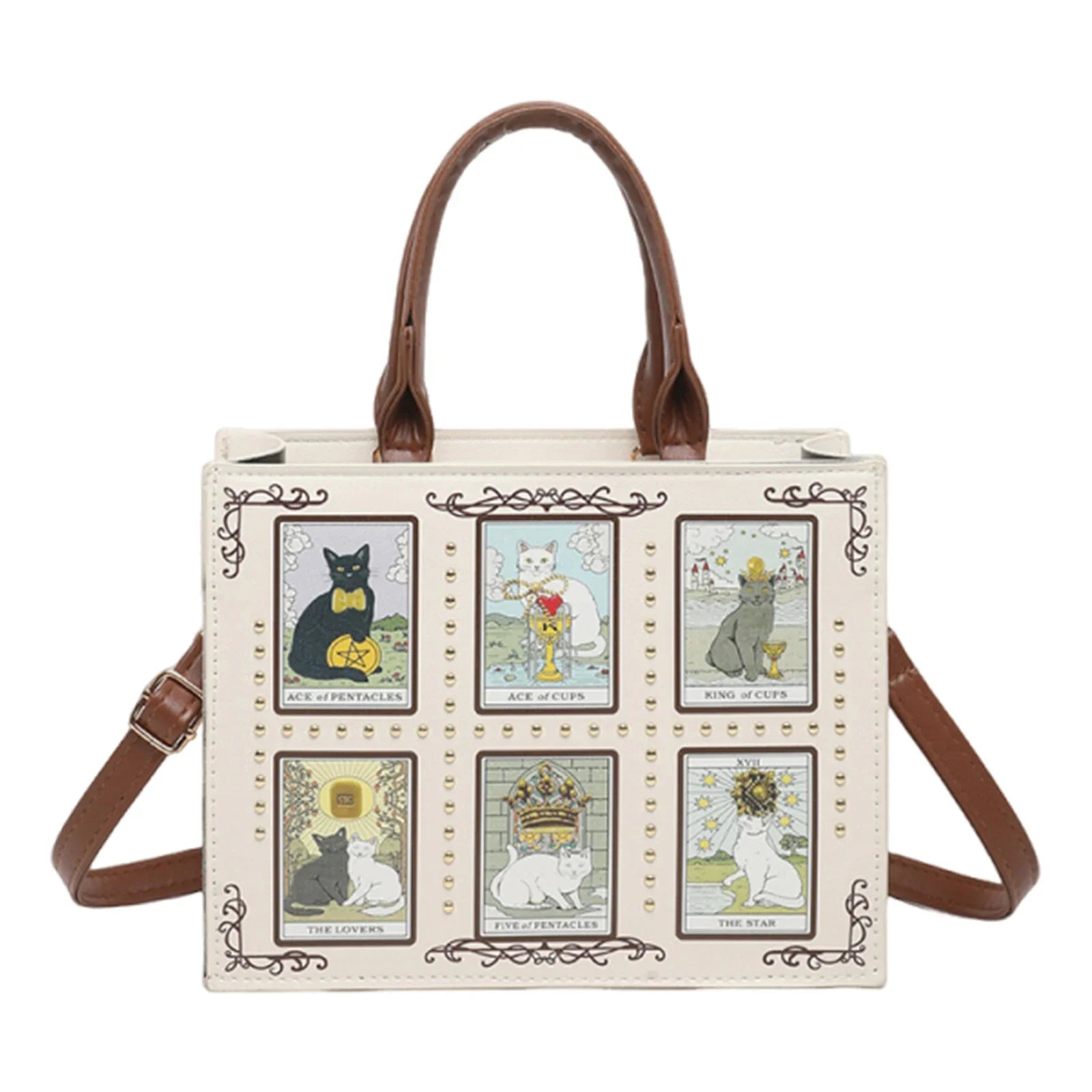 Cat Rivet Print Tote Bag For Women Crossbody Shoulder Handbag PU Leather Cat-themed Zippered Handbag Large Capacity Handle Purse