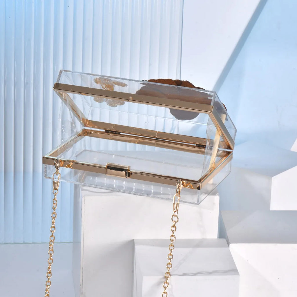 New transparent women's bag rhinestone celebrity high-end banquet clutch bag shoulder messenger chain party dinner bag
